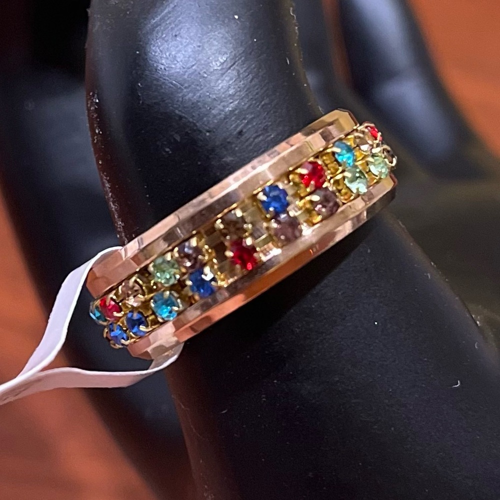 NWT multi-colored faux gemstones GOLD tone spinner ring, Men/Women size 10